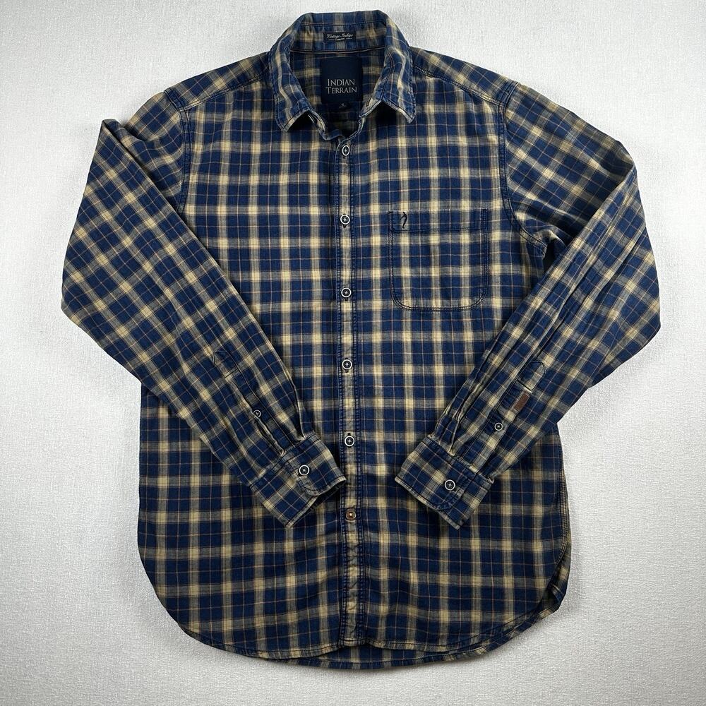 Indian Terrain Vintage Indigo Button Down Shirt Men's small Plaid‎ Slim fit